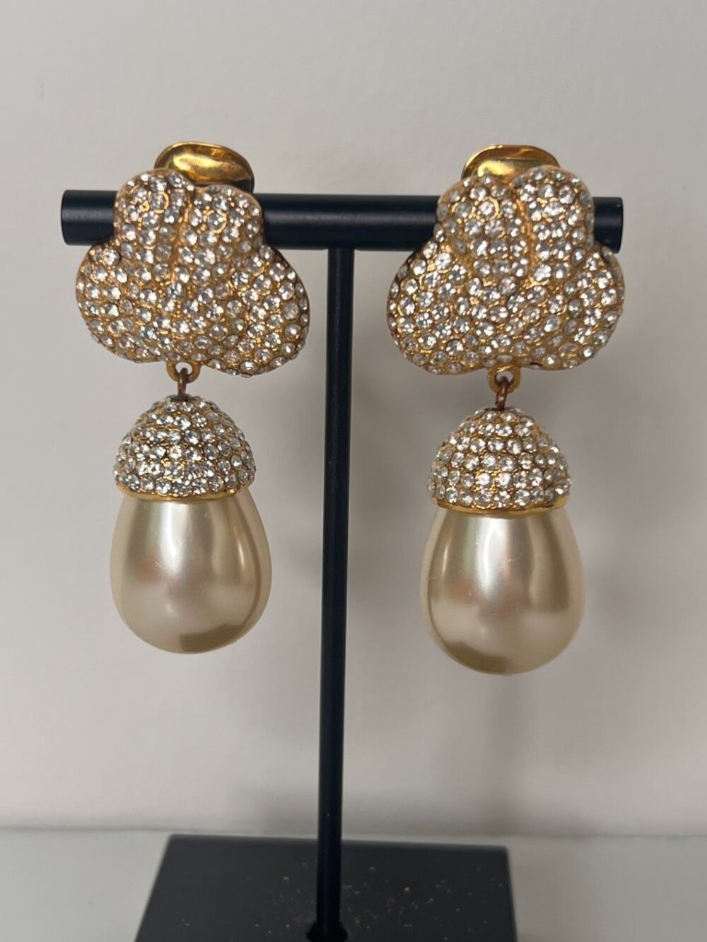 Tara 60s Pavé Rhinestone Pearl Drop Clip On Statement Earrings